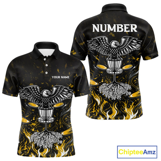 Personalized Mens Disc Golf Polo Shirt With Eagle Design, Customizable Name, Unisex Sports Jersey For Men|Yellow NHT812