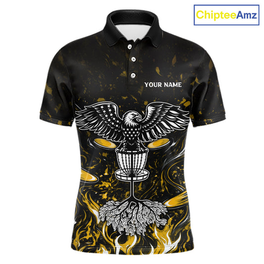 Personalized Mens Disc Golf Polo Shirt With Eagle Design, Customizable Name, Unisex Sports Jersey For Men|Yellow NHT812