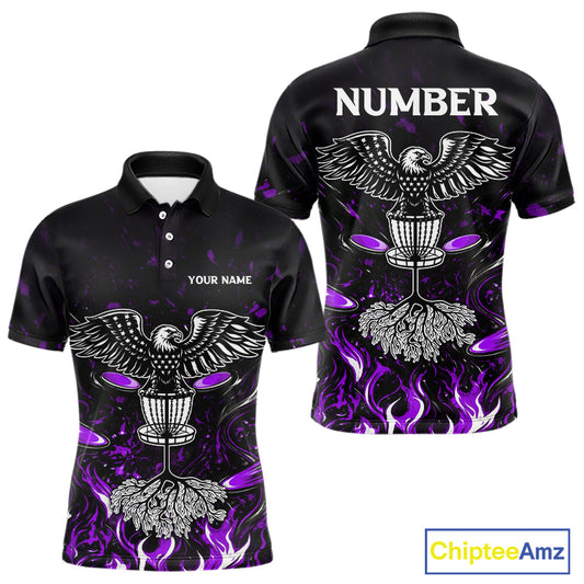 Personalized Mens Disc Golf Polo Shirt With Eagle Design, Customizable Name, Unisex Sports Jersey For Men|Purple NHT813
