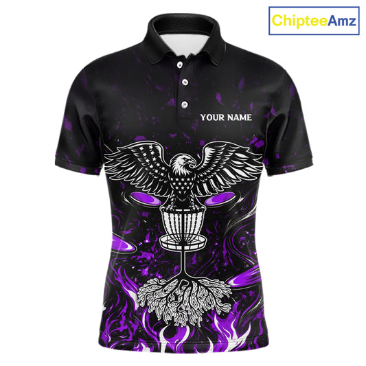 Personalized Mens Disc Golf Polo Shirt With Eagle Design, Customizable Name, Unisex Sports Jersey For Men|Purple NHT813