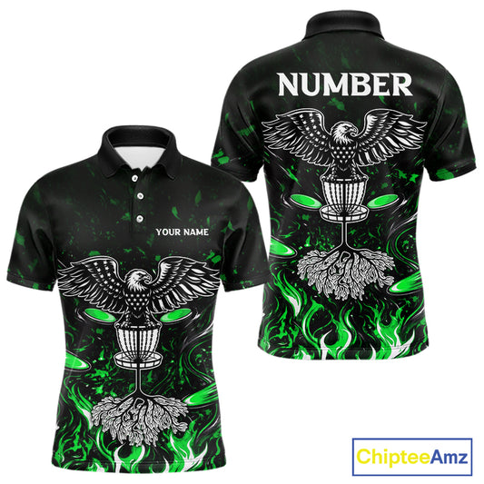 Personalized Mens Disc Golf Polo Shirt With Eagle Design, Customizable Name, Unisex Sports Jersey For Men|Green NHT814