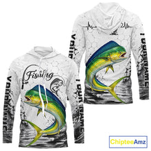 Load image into Gallery viewer, Custom Name Mahi Mahi Fishing Long Sleeve Hooded Performance Shirt, Dolphin Gift For Men 