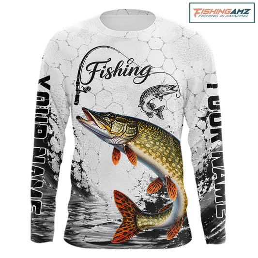 Custom Name Northern Pike Fishing Long Sleeve Performance Shirt, Pike Fishing Jersey