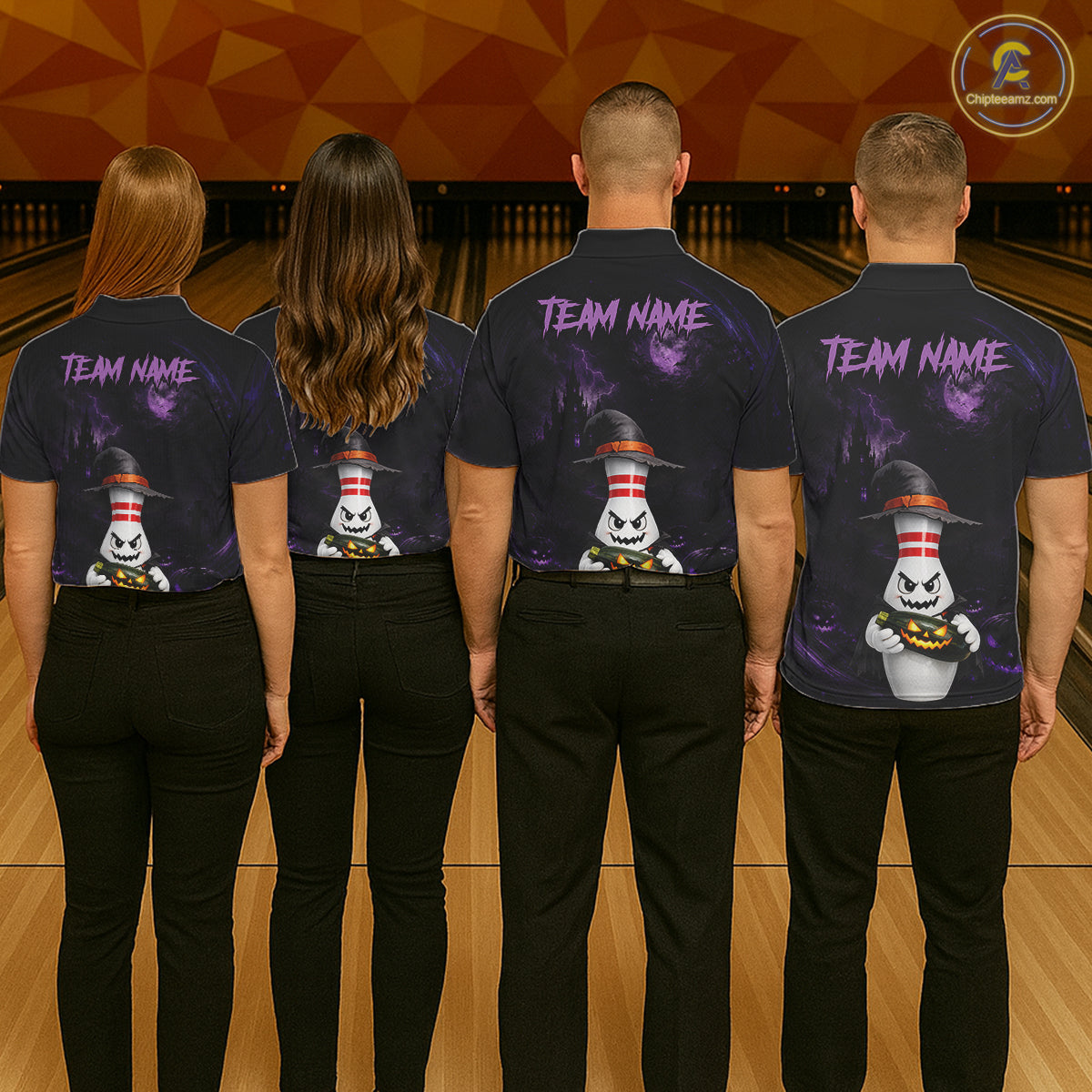 Personalized Halloween Bowling 1/4 Zip Polo Shirt For Women - Purple Witch Pin Team Name Jersey NHT1275