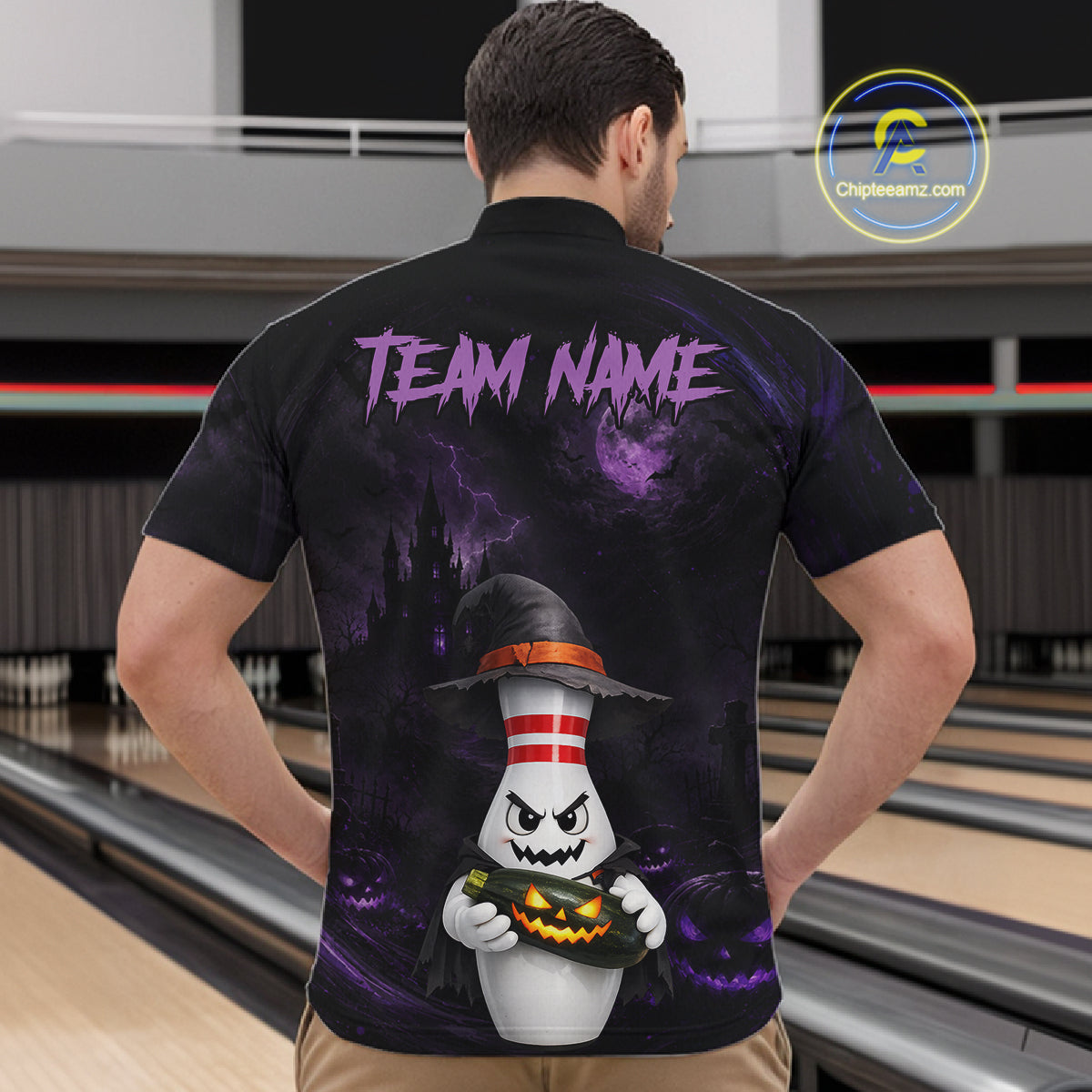 Personalized Halloween Bowling 1/4 Zip Polo Shirt For Men - Purple Witch Pin Team Name Jersey NHT1275