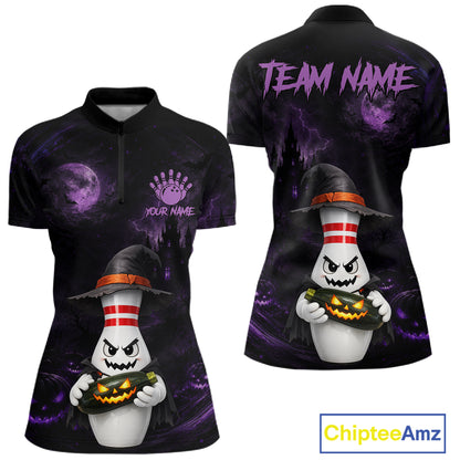Front and back views of a women's short-sleeve polo shirt with a Halloween-themed all-over print. The design features a cartoon ghost holding a jack-o'-lantern against a dark purple haunted castle and moonlit sky background.