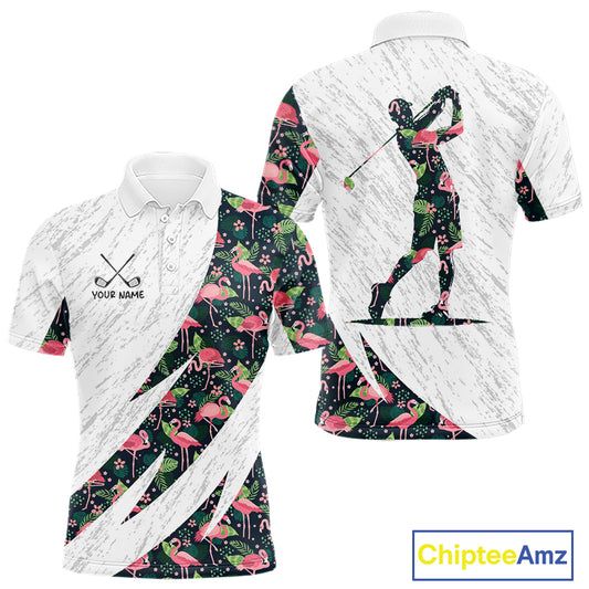 Flamingo Mens Golf Polo Shirts, Colorful Tropical Flamingo Pattern, Tropical Golf Shirt NHT590