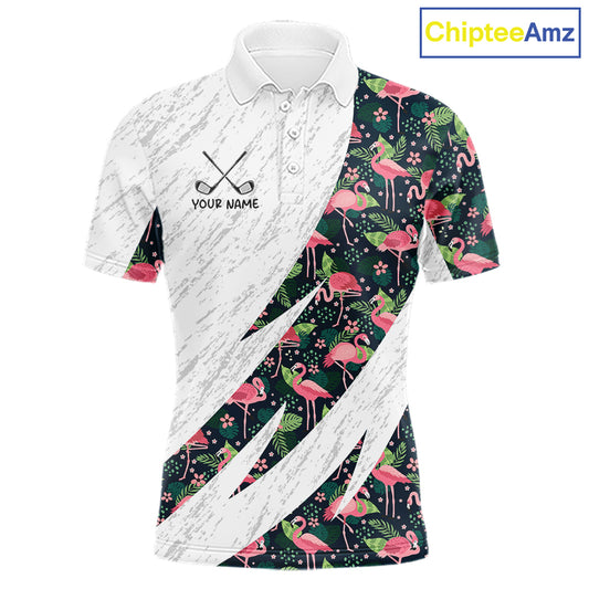 Flamingo Mens Golf Polo Shirts, Colorful Tropical Flamingo Pattern, Tropical Golf Shirt NHT590