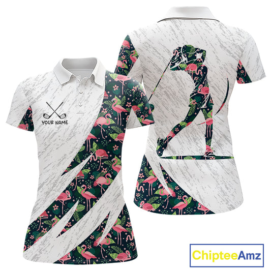 Flamingo Womens Golf Polo Shirts, Colorful Tropical Flamingo Pattern, Tropical Golf Shirt NHT590