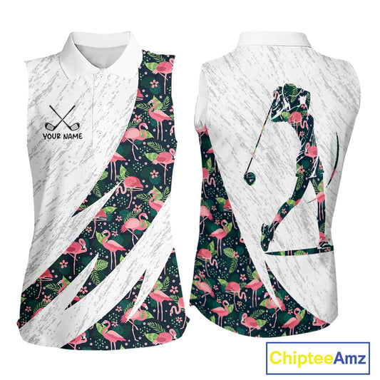 Flamingo Womens Sleeveless Golf Polo Shirts, Colorful Tropical Flamingo Pattern, Tropical Golf Shirt NHT590