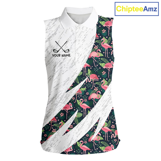 Flamingo Womens Sleeveless Golf Polo Shirts, Colorful Tropical Flamingo Pattern, Tropical Golf Shirt NHT590