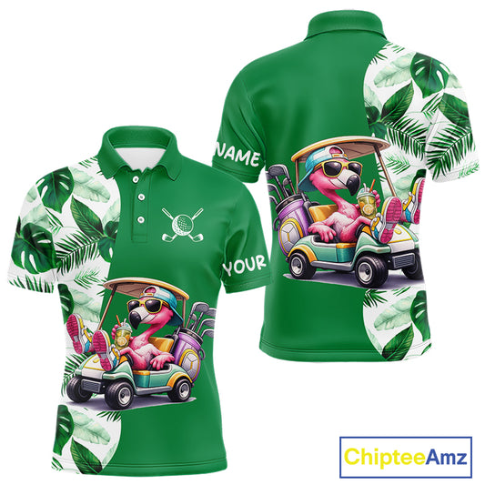 Personalized Tropical Leaf Green Golf Cart Design, Custom Flamingo Funny Mens Golf Polo Shirt NHT596