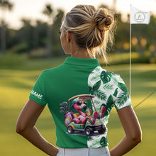 Load image into Gallery viewer, Personalized Tropical Leaf Green Golf Cart Design, Custom Flamingo Funny Womens Golf Polo Shirt  NHT596