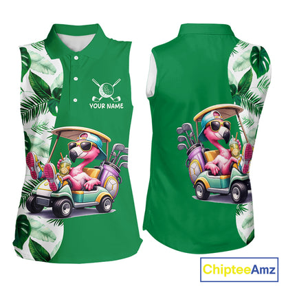Personalized Tropical Leaf Green Golf Cart Design, Custom Flamingo Funny Womens Sleeveless Golf Polo Shirt  NHT596