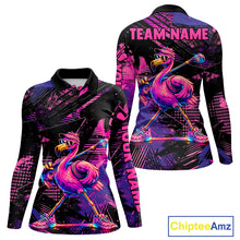 Load image into Gallery viewer, Funny Neon Flamingo Long Sleeve Womens Golf Polo Shirt – Custom Personalized Golf Team Apparel 