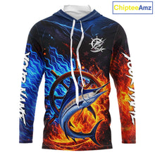 Load image into Gallery viewer, Marlin Fishing Shirt Long Sleeve Blue Fire Flame Smoke Personalized Name, Best Fishing Gift NHT427