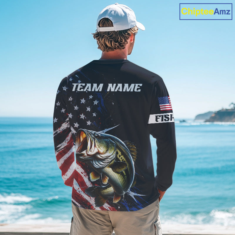 Bass Fishing Shirts Long Sleeve American USA Flag Camo Custom Name, Fishing Jersey For Men NHT959