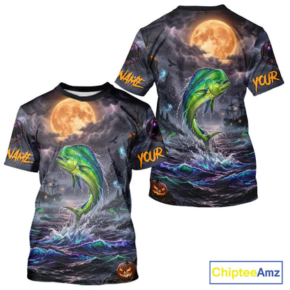 Front and back views of a short-sleeve t-shirt with an all-over Halloween print featuring a green jumping fish, a full moon, stormy clouds, waves, and jack-o'-lanterns. The sleeves have 'NAME' and 'YOUR' text placeholders, and a 'ChipteeAmz' logo is visible in the bottom right corner.