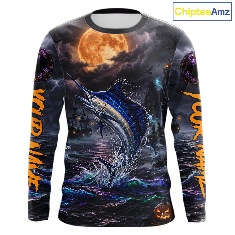 A long-sleeve crewneck shirt with an all-over Halloween-themed graphic print featuring a jumping blue marlin under a full moon, dark stormy seas, and orange text on the sleeves, shown on a white background with a ChipteeAmz logo in the top right corner.