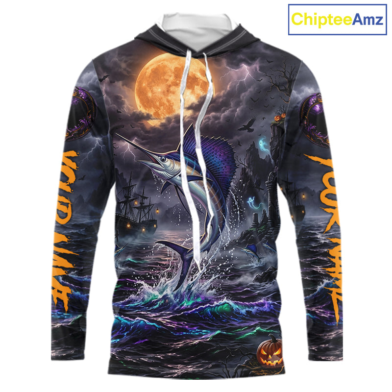 A long-sleeve hoodie with a detailed Halloween-themed graphic print featuring a marlin jumping from stormy waters under a large full moon, with orange text down the sleeves and a pumpkin jack-o'-lantern near the hem. The hoodie is shown on a plain white background with a 'ChipteeAmz' logo in the top right corner.