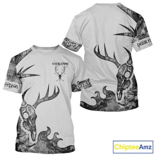 Deer Hunting Shirt Best 3D All Over Print Skull Deer Personalized Name Gray Camo NHT62