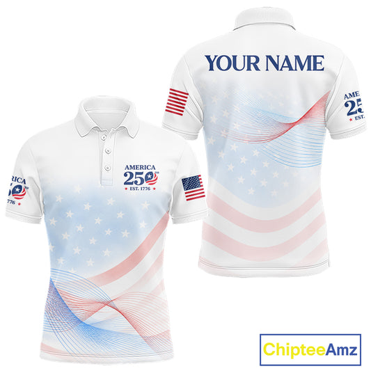 White polo shirt with American flag design and 'Your Name' text on a white background