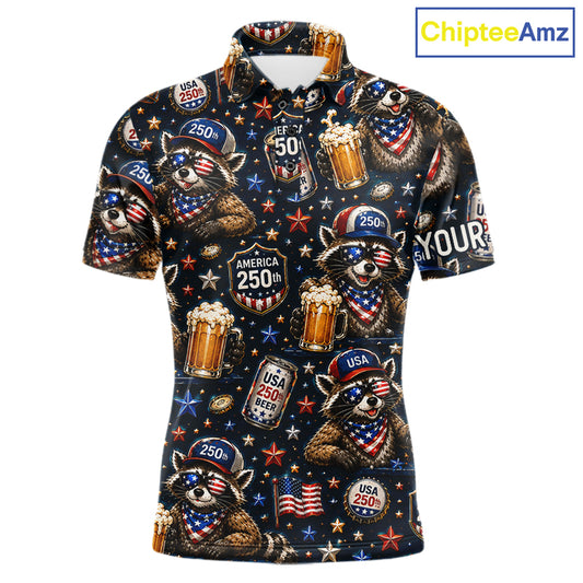 Personalized Patriotic Raccoon Shirt Custom Name USA 250 Years Polo Funny Beer & Golf Lover Gift NHT985 - Men's Long Sleev...