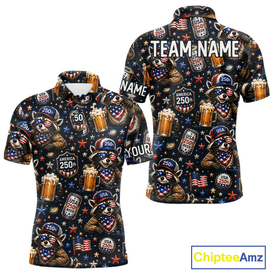Personalized Patriotic Raccoon Shirt Custom Name USA 250 Years Polo Funny Beer & Golf Lover Gift