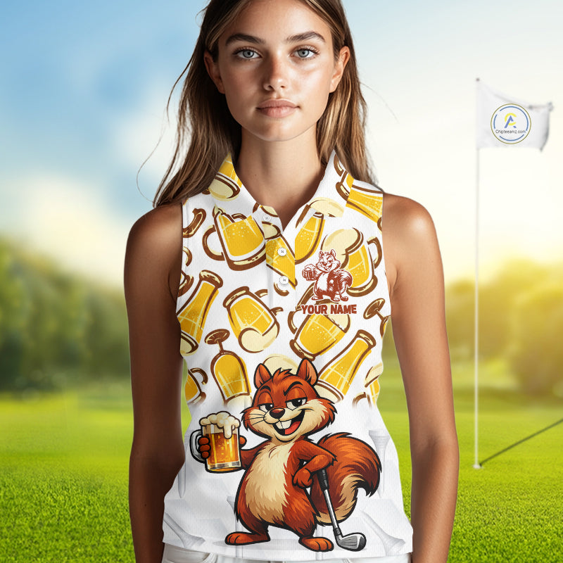 Custom Funny Squirrel Women's Sleeveless Golf Polo Shirts - Personalized Beer Lover Performance Jersey