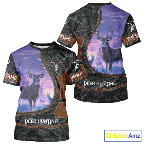 Custom 3D Whitetail Deer Hunting Shirt With Night Forest Scene, Camo Pattern And Skull Design NHT76