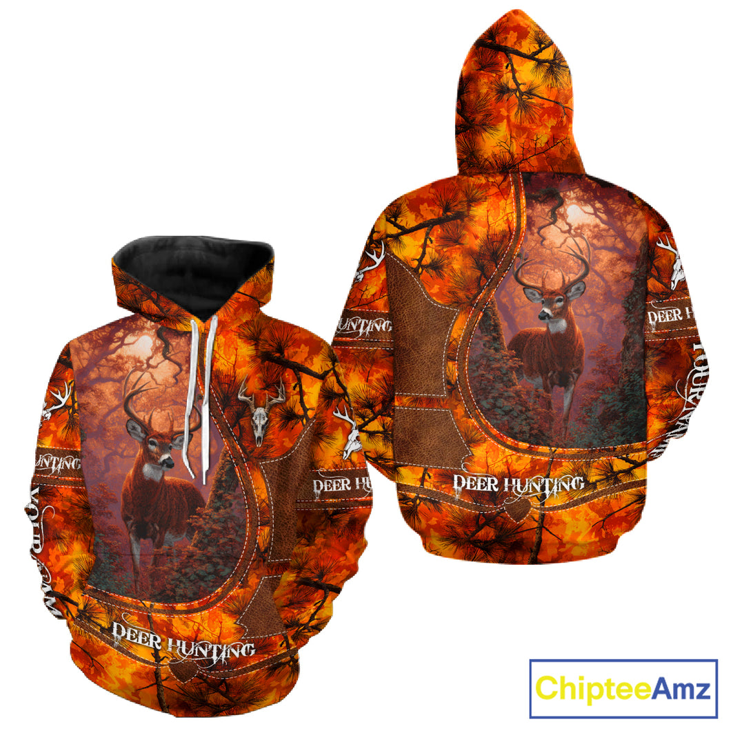 Whitetail Deer Hunting Shirt With Orange Camo Pattern And Skull Design For Hunters NHT77