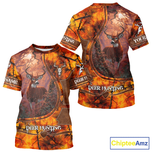 Whitetail Deer Hunting Shirt With Orange Camo Pattern And Skull Design For Hunters NHT77