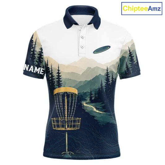 Green Mountain Landscape Disc Golf Mens Polo Shirt Custom Forest Disc Golf Shirt For Men NHT838