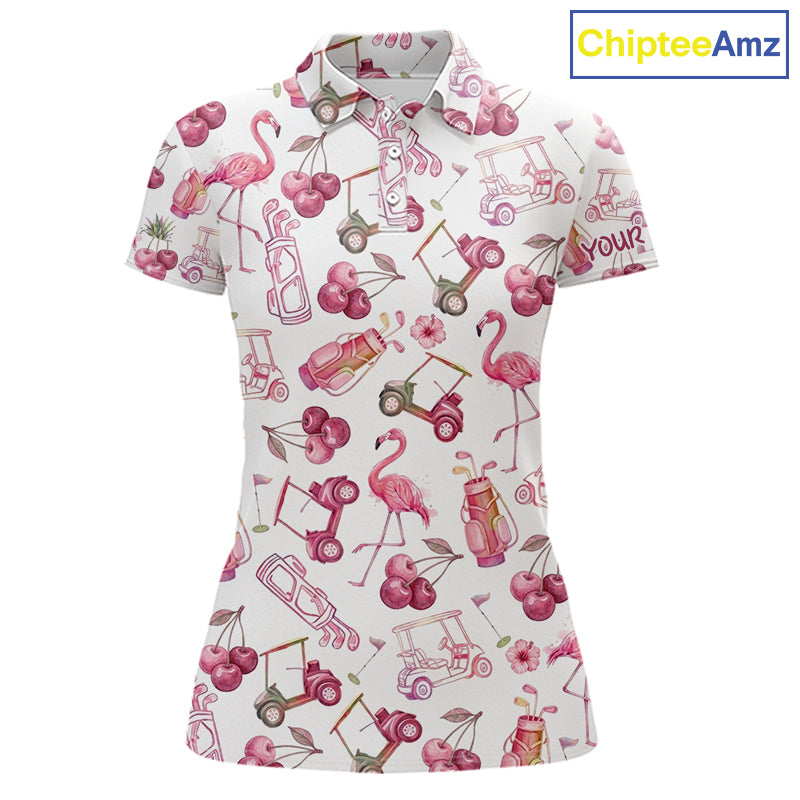 Funny Golf Polo Shirt For Womens Cherry Flamingo Golf Cart Pattern Summer Sport Top NHT841