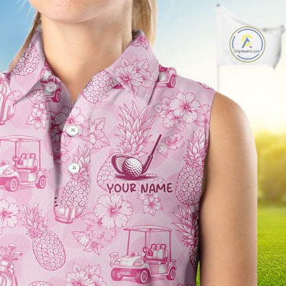 Funny Sleeveless Womens Golf Polo Shirt Pineapple Floral Golf Cart Pattern All Over Print Tropical Performance Top NHT842