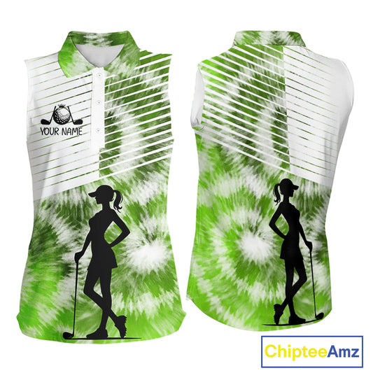 White And Green Womens Tie Dye Sleeveless Golf Polo Shirts Custom Golf Human Golf Team Polo Shirts NHT622
