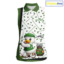 Load image into Gallery viewer, Custom Green &amp; White Funny Duck Sleeveless Golf Shirt For Womens, Golf Jersey Pattern For Ladies NHT625