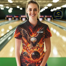 Load image into Gallery viewer, Woman wearing a bowling shirt with an eagle design in a bowling alley.