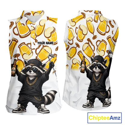 Funny Raccoon Beer Womens Sleeveless Golf Polo Shirt Personalized Name Custom Golf Shirt