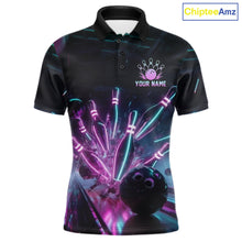 Load image into Gallery viewer, Custom Neon Glow Bowling Jersey, Personalized Purple Cyan Light Polo &amp; Quarter-Zip Shirt 