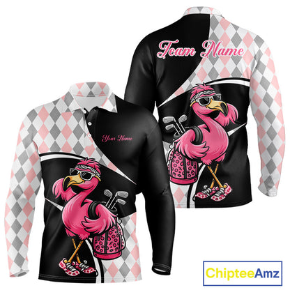 Funny Pink Flamingo Pattern Argyle Golf Polo Shirt For Men, Custom Flamingo Golf Shirt For Team NHT652