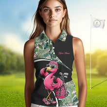 Load image into Gallery viewer, Funny Pink Flamingo Pattern Green Tropical Sleeveless Womens Golf Polo Shirt, Custom Flamingo Golf Shirt For Team NHT654