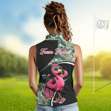 Load image into Gallery viewer, Funny Pink Flamingo Pattern Green Tropical Sleeveless Womens Golf Polo Shirt, Custom Flamingo Golf Shirt For Team NHT654