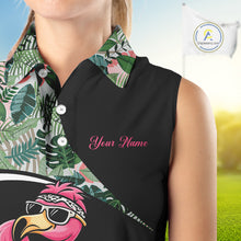 Load image into Gallery viewer, Funny Pink Flamingo Pattern Green Tropical Sleeveless Womens Golf Polo Shirt, Custom Flamingo Golf Shirt For Team NHT654