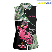 Load image into Gallery viewer, Funny Pink Flamingo Pattern Green Tropical Sleeveless Womens Golf Polo Shirt, Custom Flamingo Golf Shirt For Team NHT654