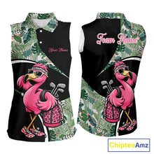 Load image into Gallery viewer, Funny Pink Flamingo Pattern Green Tropical Sleeveless Womens Golf Polo Shirt, Custom Flamingo Golf Shirt For Team NHT654