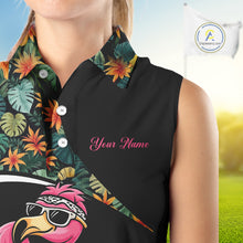 Load image into Gallery viewer, Funny Pink Flamingo Green Tropical Sleeveless Womens Golf Polo Shirt, Custom Flamingo Golf Shirt For Team NHT656