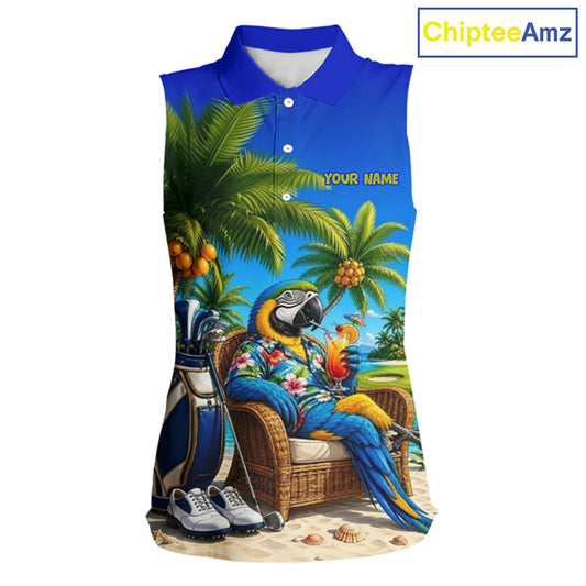 Custom Team Name Tropical Sleeveless Women Golf Polo Shirt – Funny Macaw Parrot Beach Golf Shirt For Womens NHT859