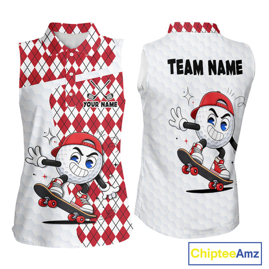 Sleeveless Women Golf Polo Shirt Argyle Pattern Golf Shirts For Womens Funny Golf Ball Shirt Gifts|Red  NHT861