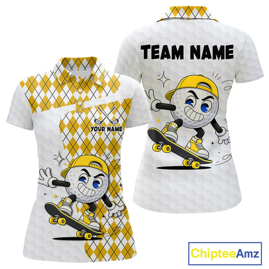 Womens Golf Polo Shirt Argyle Pattern Golf Shirts For Womens Funny Golf Ball Shirtgifts|Yellow NHT864